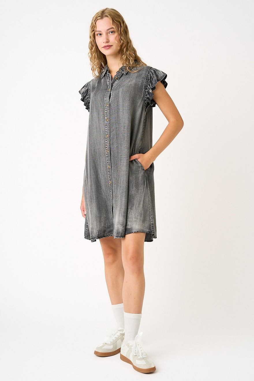 Ruffle Sleeve Buttoned Mini Dress