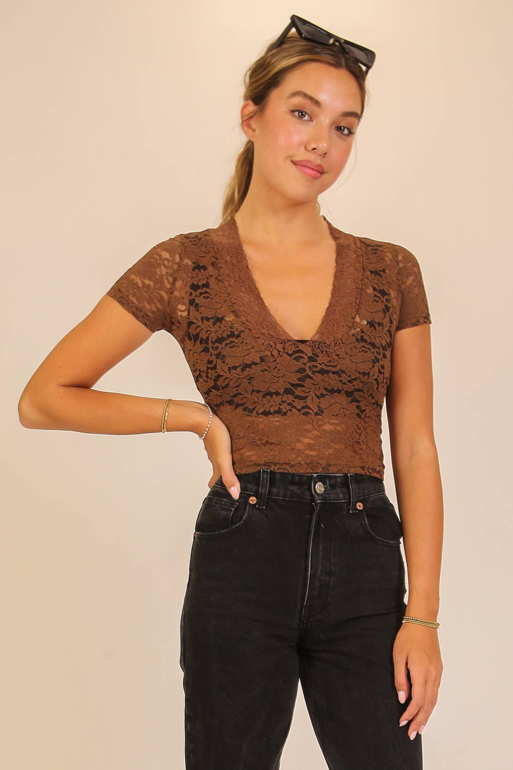 Deep V-Neck Floral Lace Short Sleeve Top