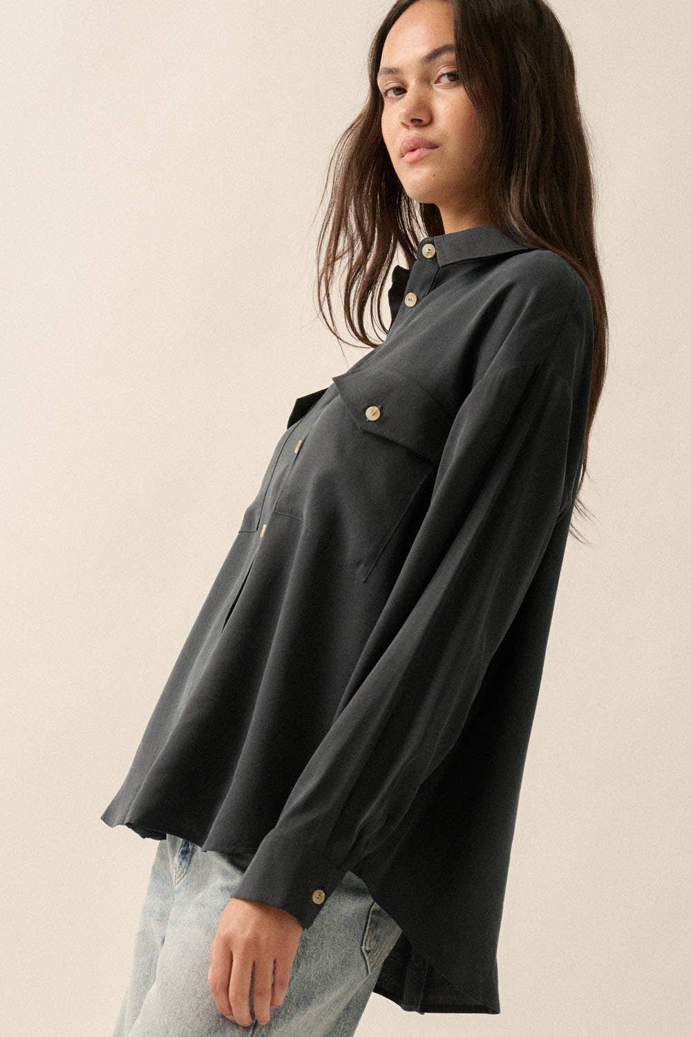 Solid Woven Loose-Fit Button-Up Shirt