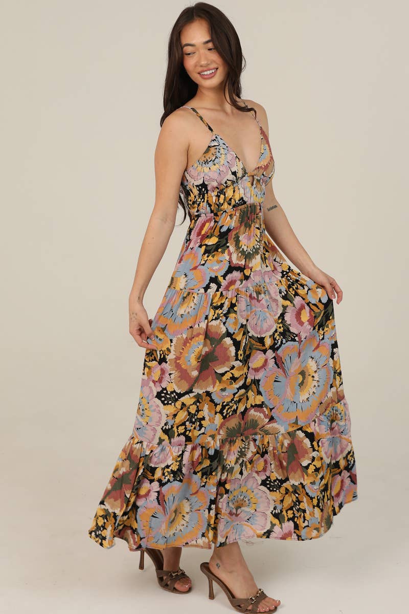 Open Tie Back Printed Maxi Dress