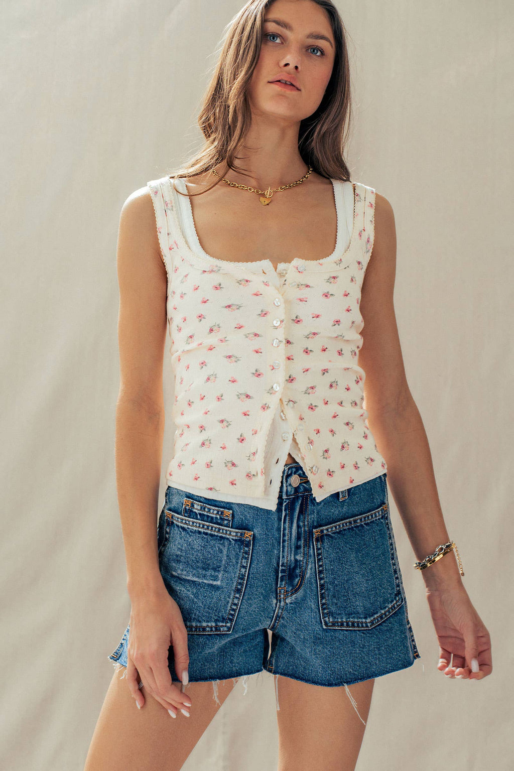Ribbed Button-Front Picot Trim Tank