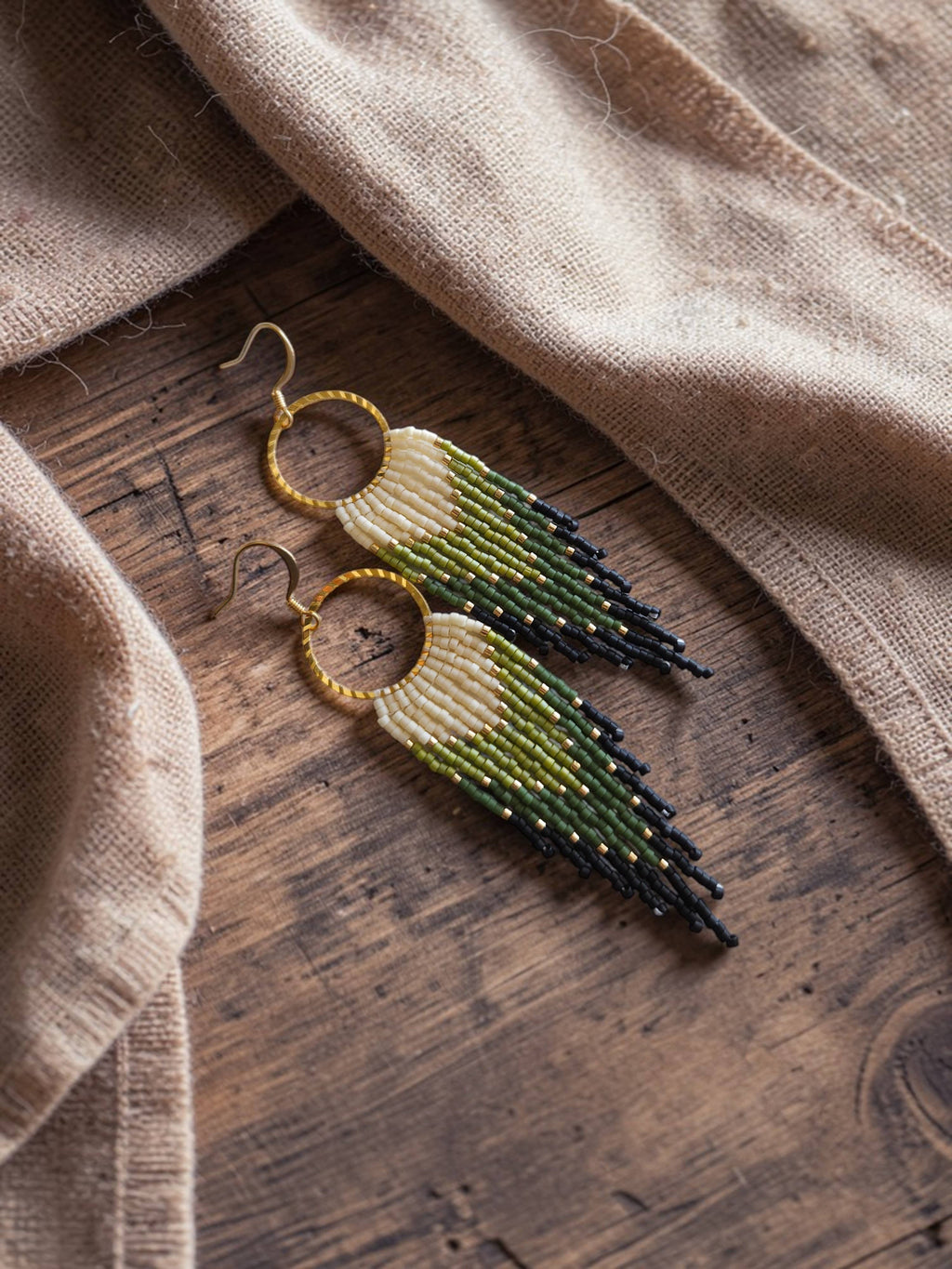 Handwoven Green Fringe Hoop Earrings
