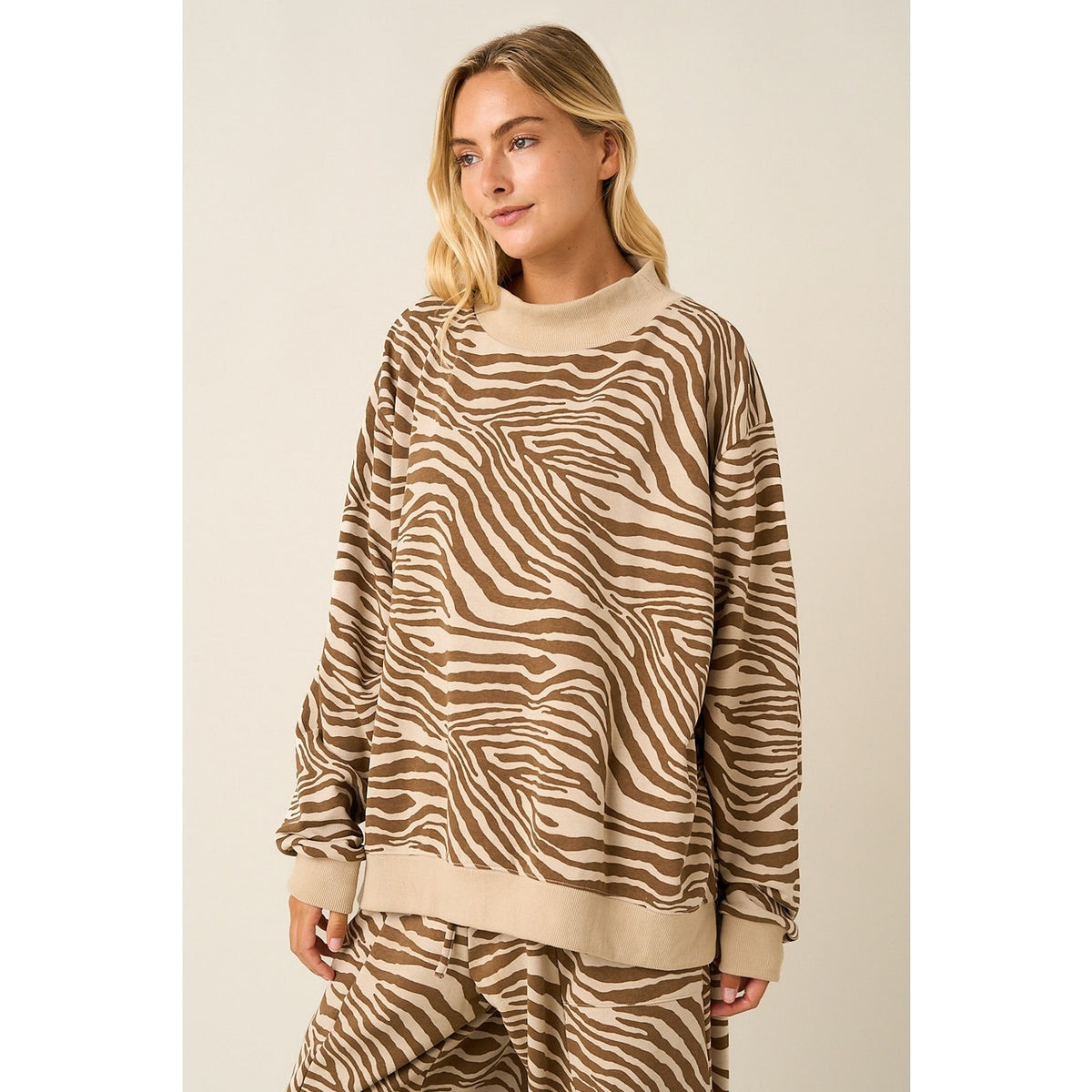 Zebra Print Mock Neck Oversized Sweatshirt