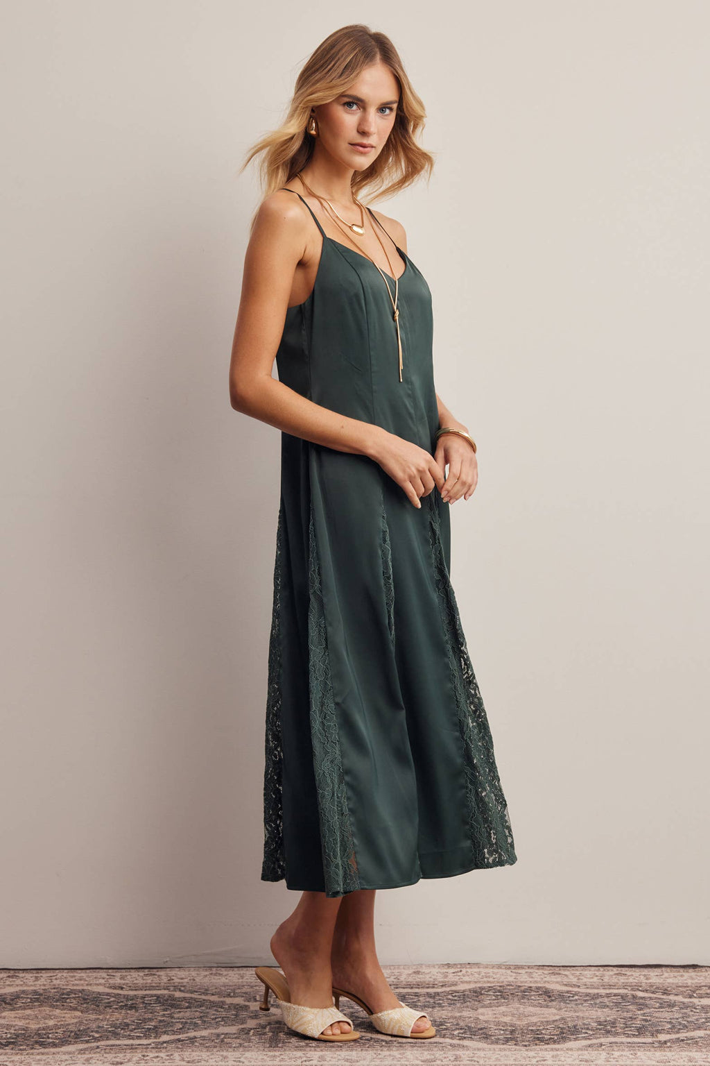 Lace Panel Satin Slip Midi Dress
