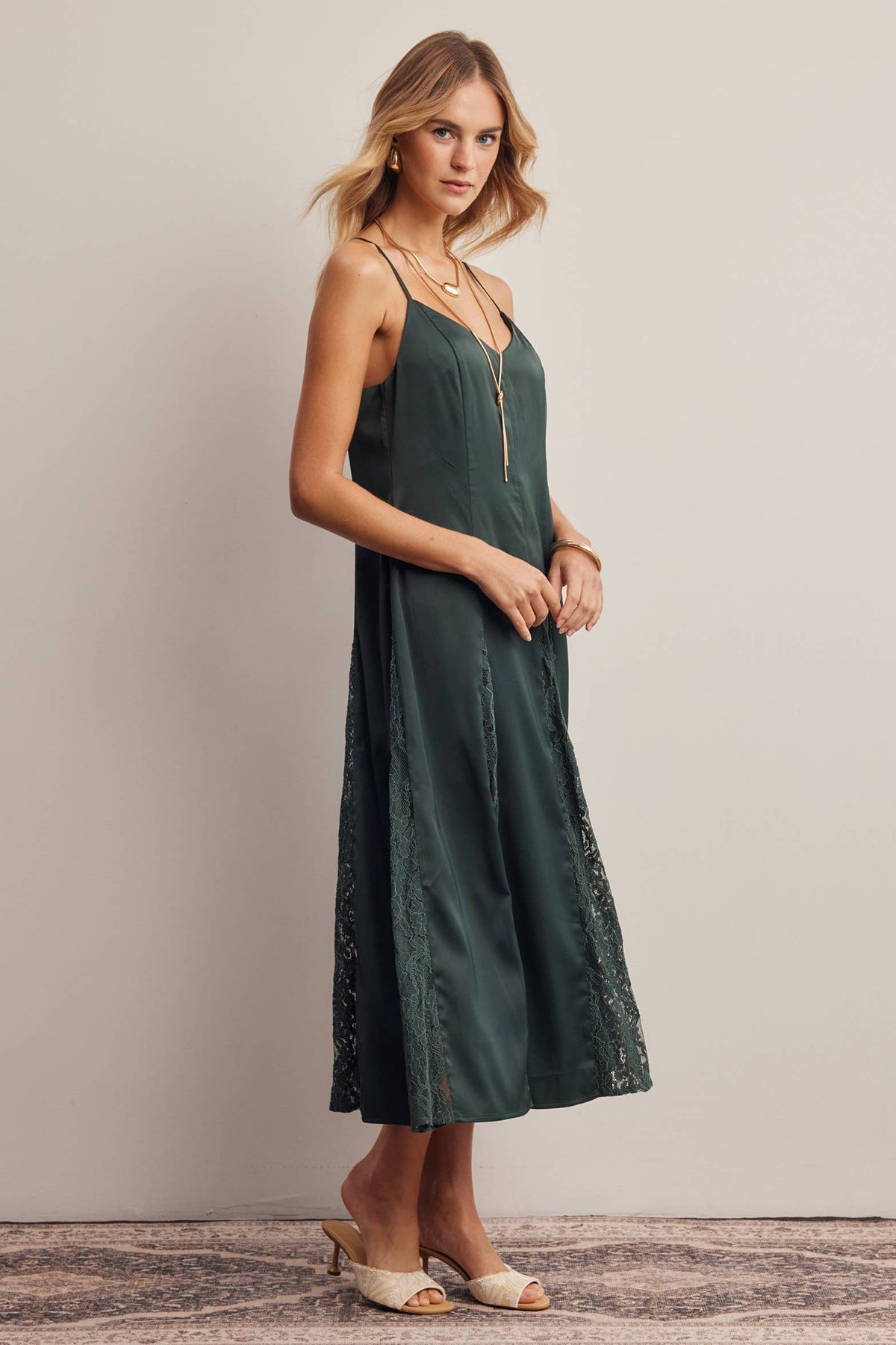 Lace Panel Satin Slip Midi Dress