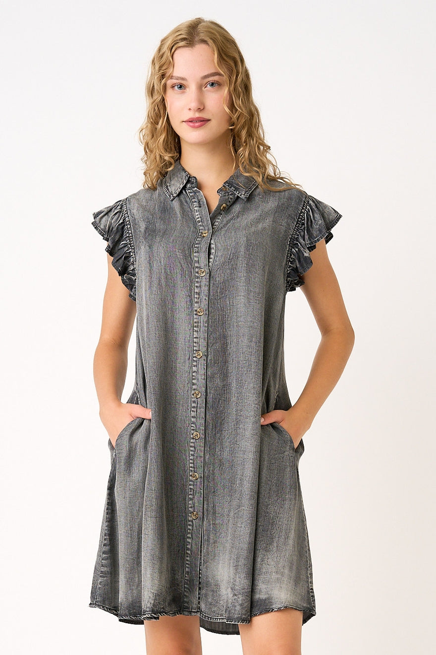 Ruffle Sleeve Buttoned Mini Dress
