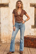 Deep V-Neck Floral Lace Short Sleeve Top