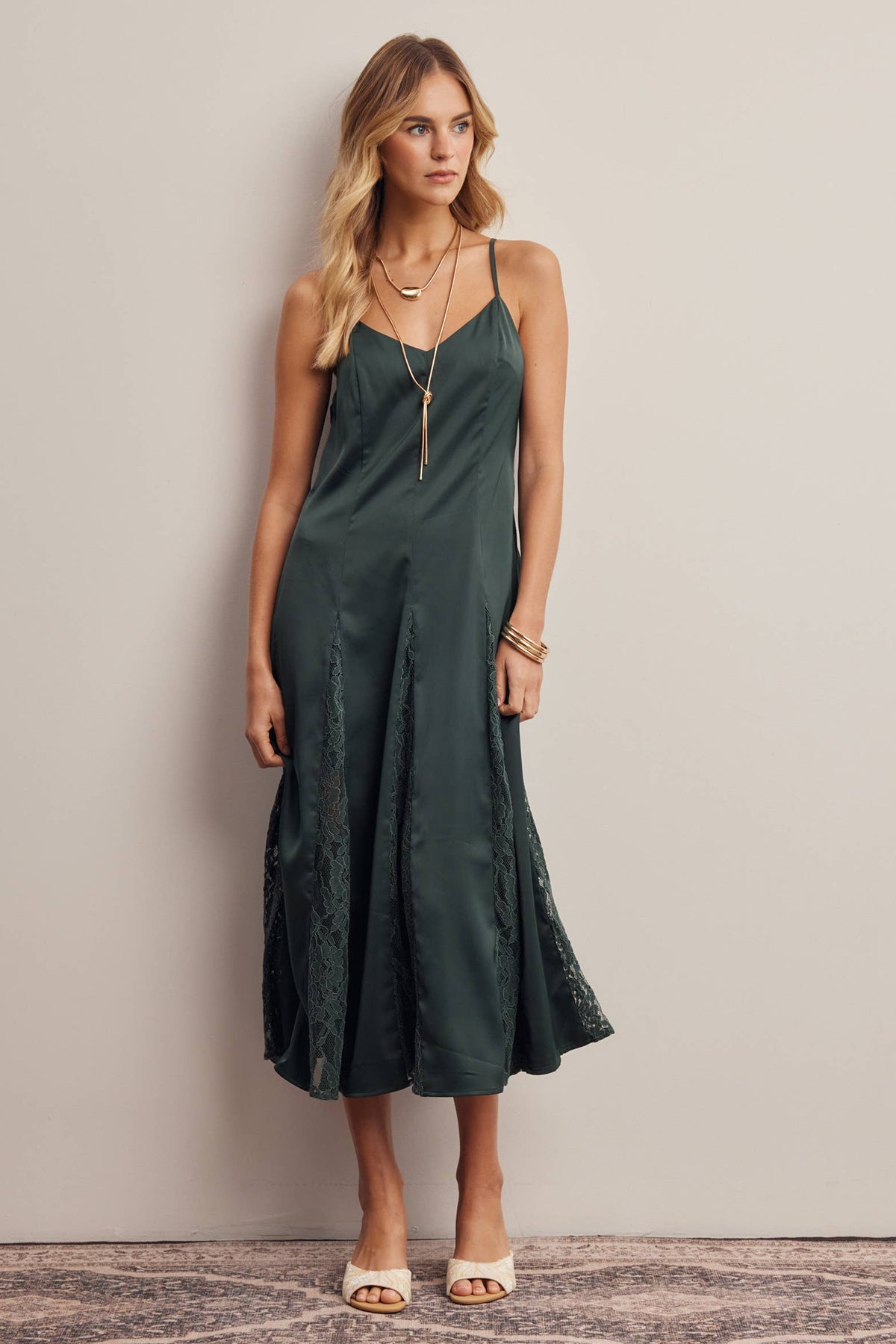 Lace Panel Satin Slip Midi Dress