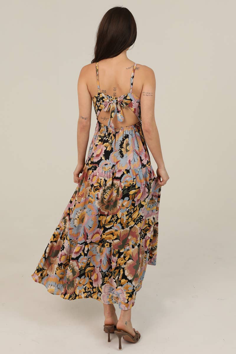 Open Tie Back Printed Maxi Dress