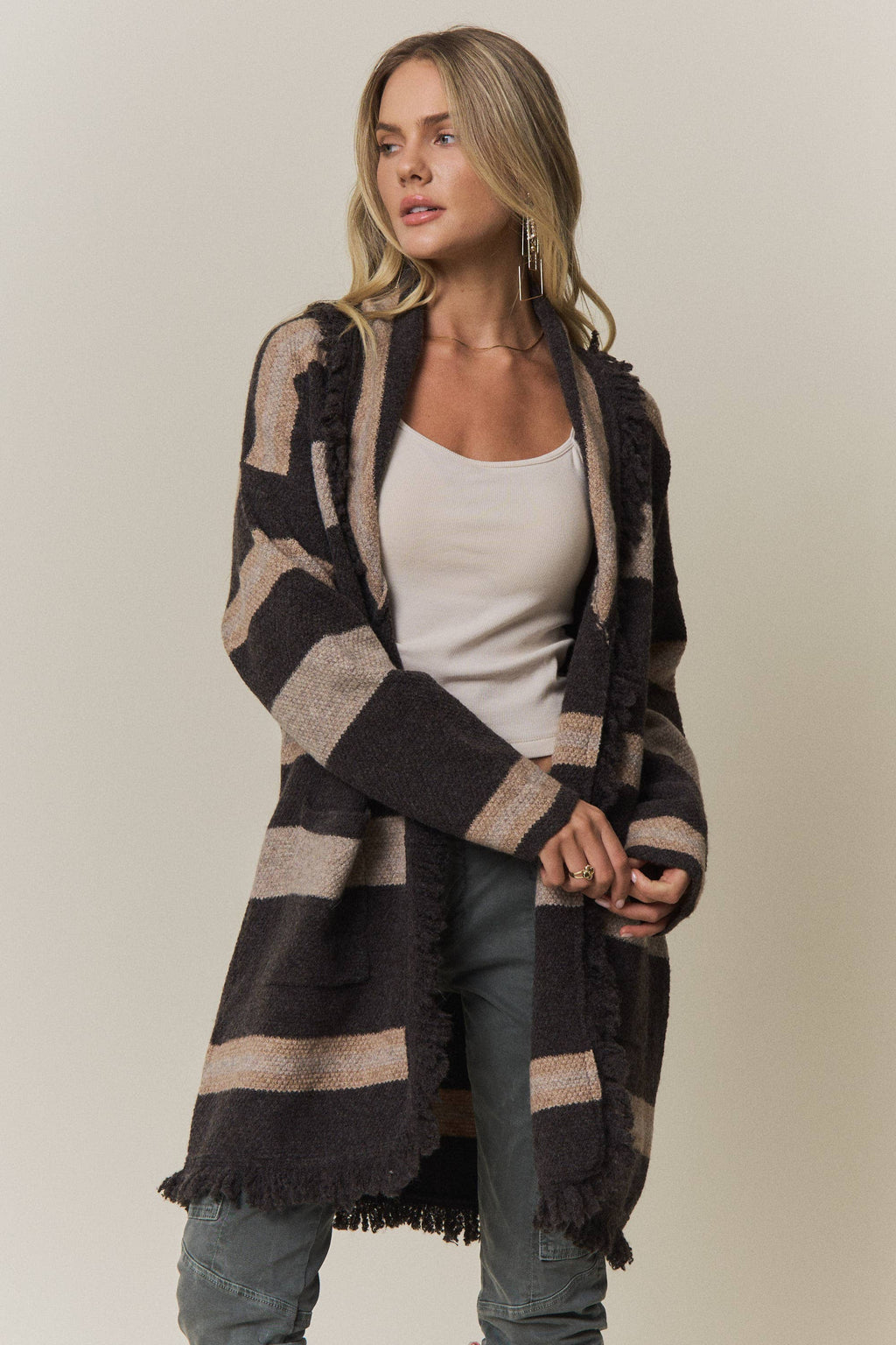 Boho Striped Fringe Long Cardigan