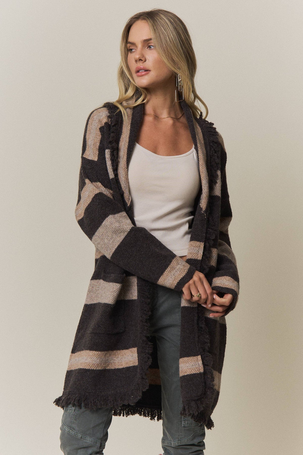 Boho Striped Fringe Long Cardigan