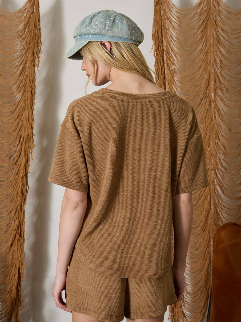 Split Neck Short Sleeve Terry Knit Top
