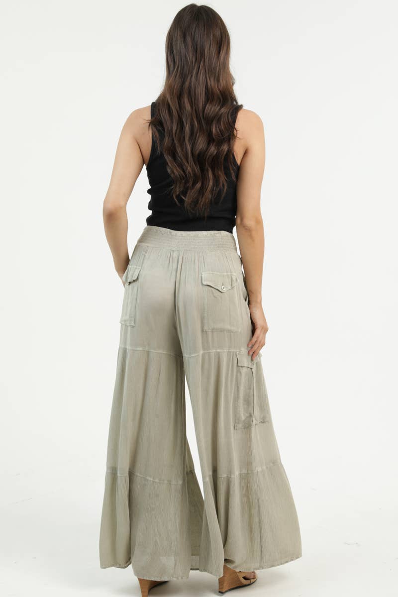 Smocked Waistband Wide Leg Pants With Cargo Pockets
