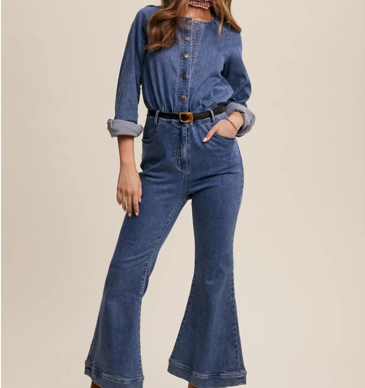 Button Front  Denim Jumpsuit