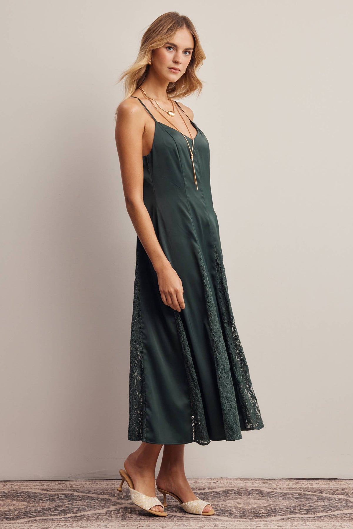Lace Panel Satin Slip Midi Dress