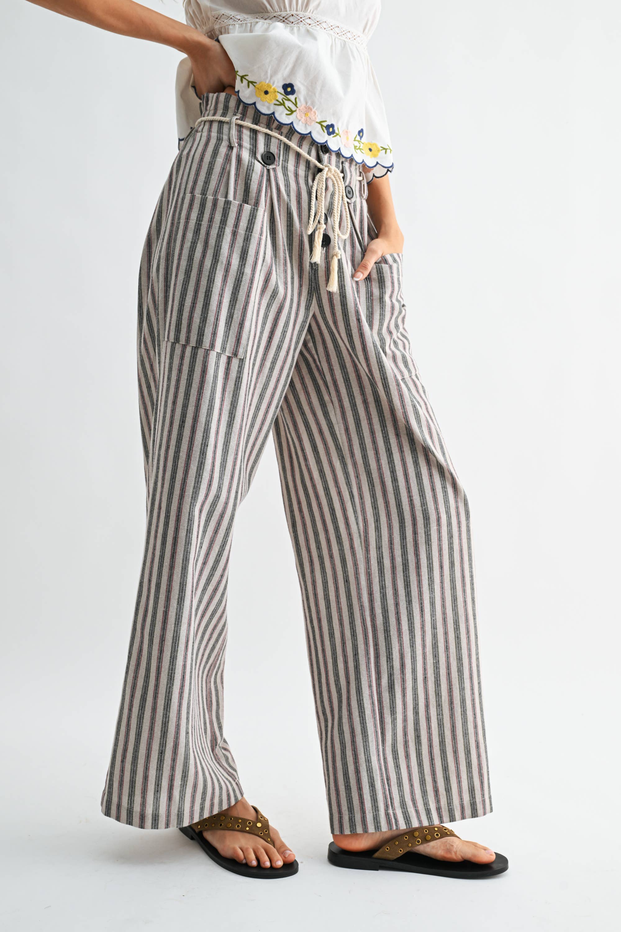 Striped Wide Leg Pants with Drawstring