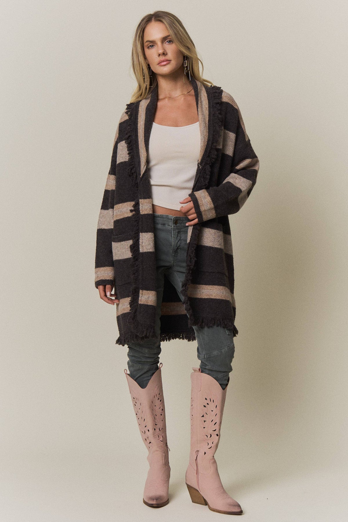 Boho Striped Fringe Long Cardigan