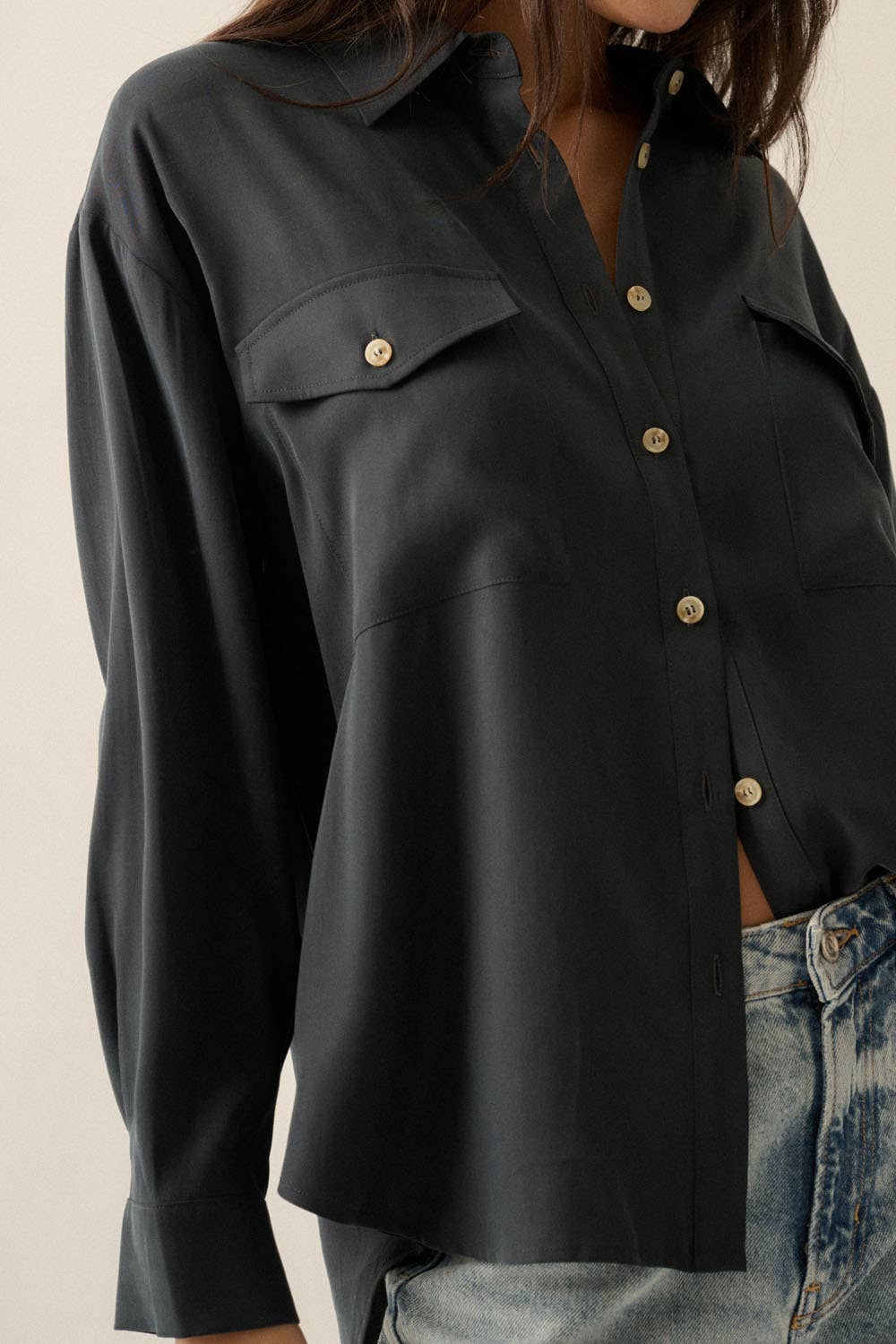 Solid Woven Loose-Fit Button-Up Shirt