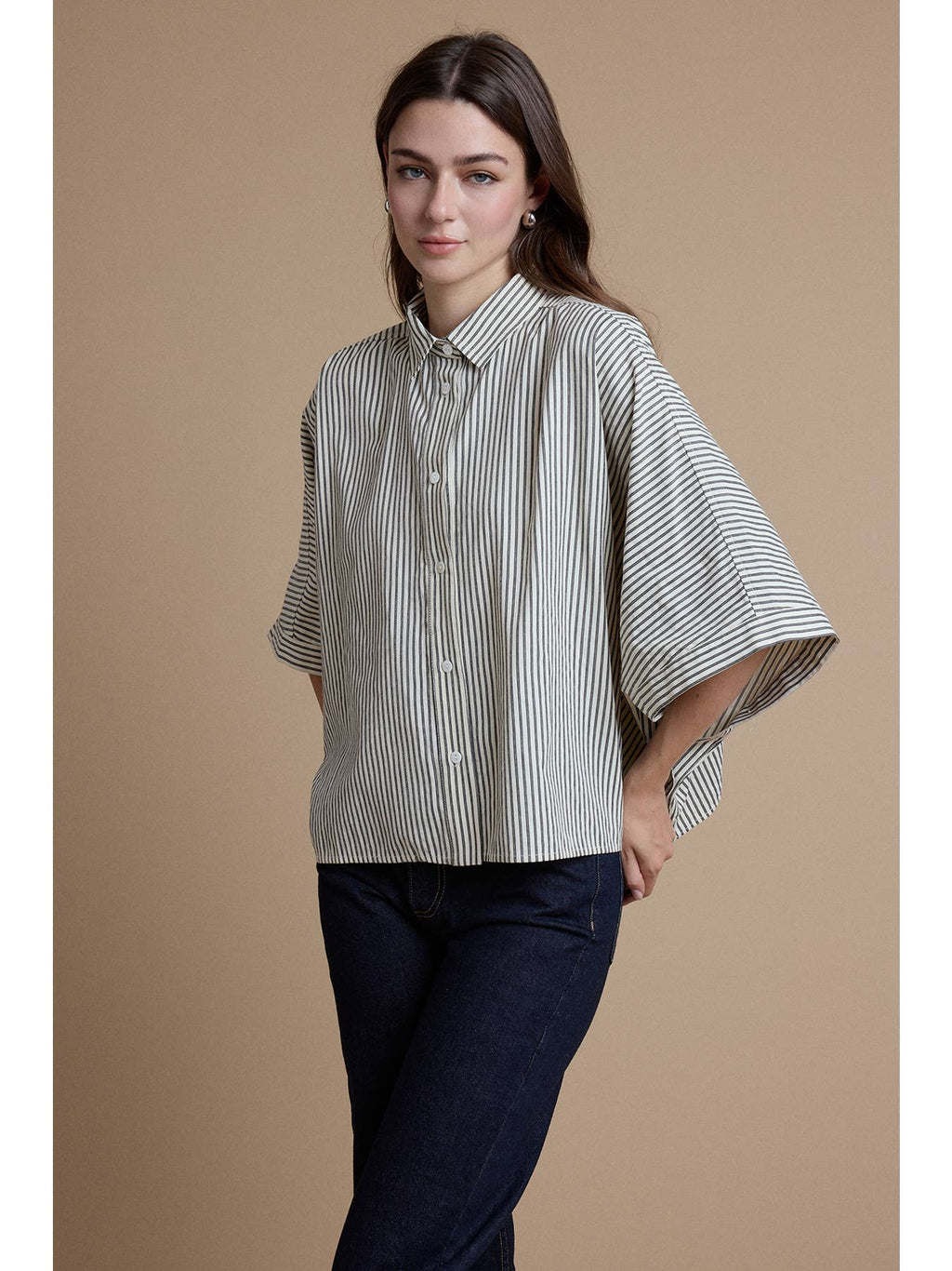 Relaxed Fit Striped Button Down Top