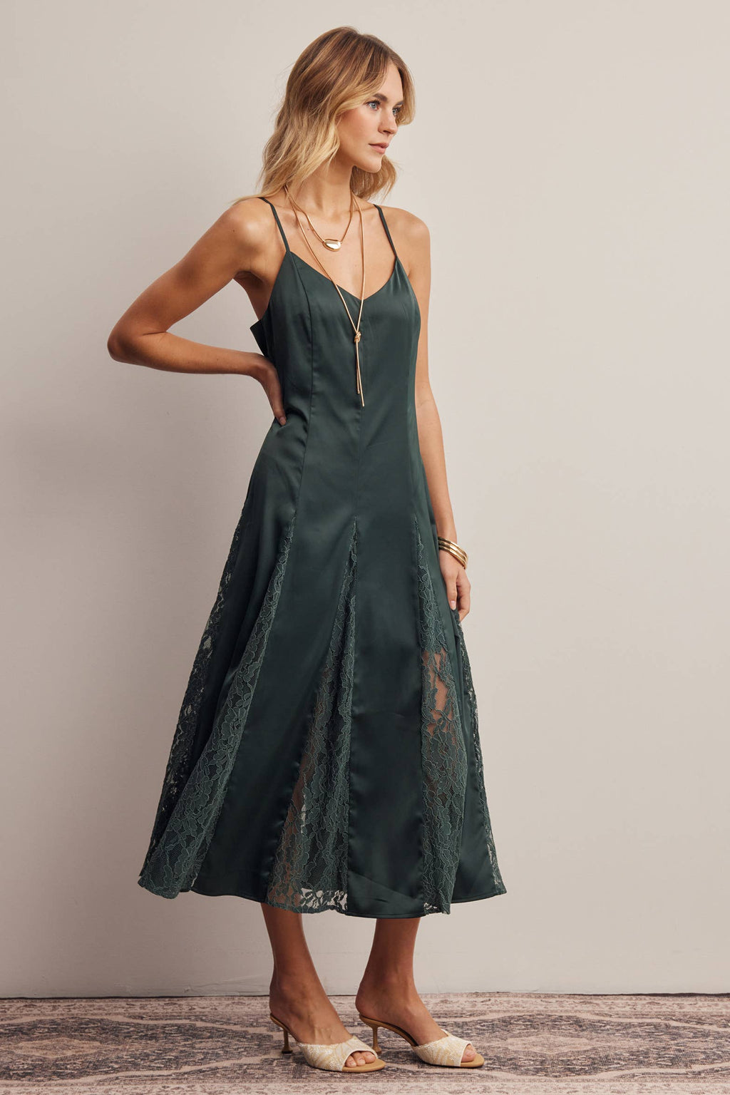 Lace Panel Satin Slip Midi Dress
