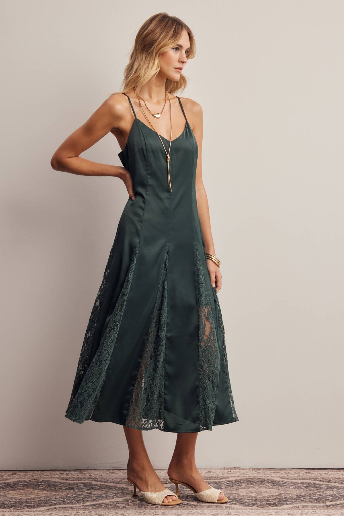 Lace Panel Satin Slip Midi Dress