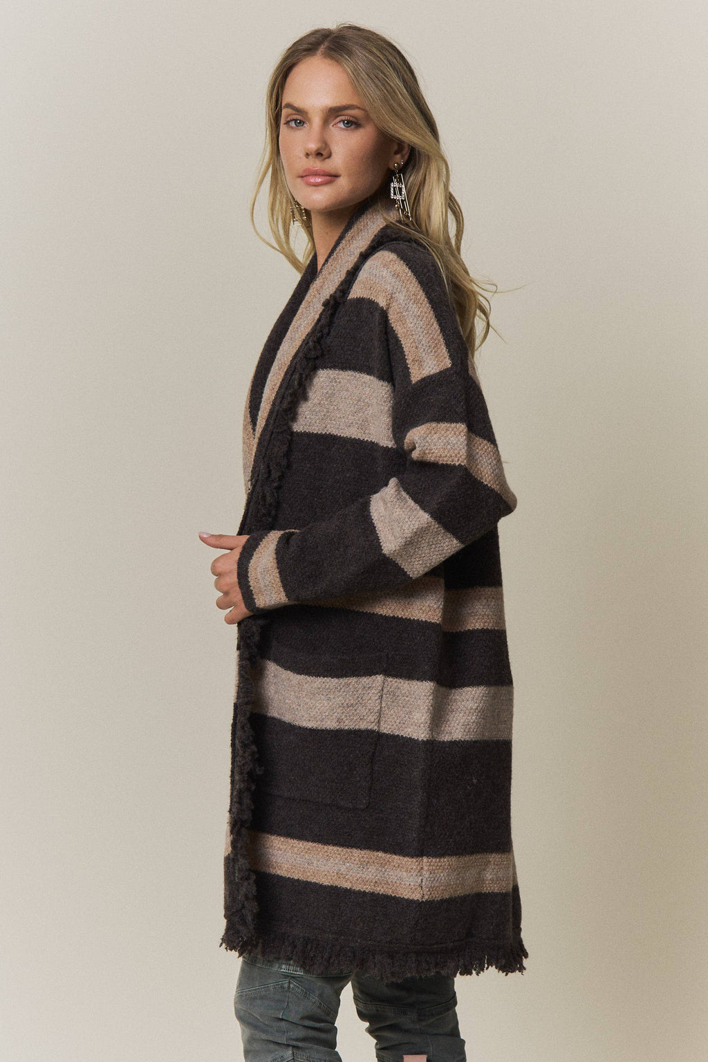 Boho Striped Fringe Long Cardigan