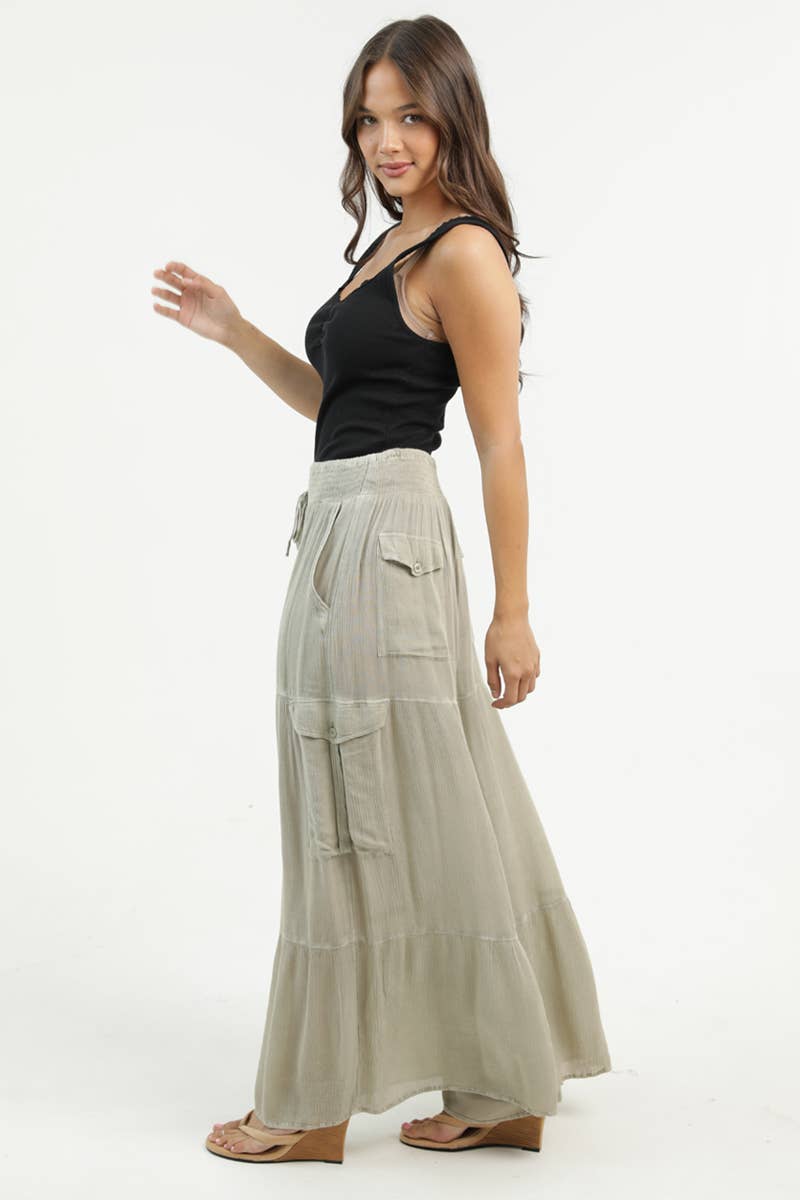 Smocked Waistband Wide Leg Pants With Cargo Pockets