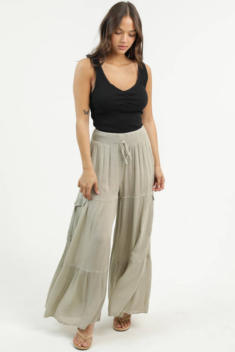 Smocked Waistband Wide Leg Pants With Cargo Pockets