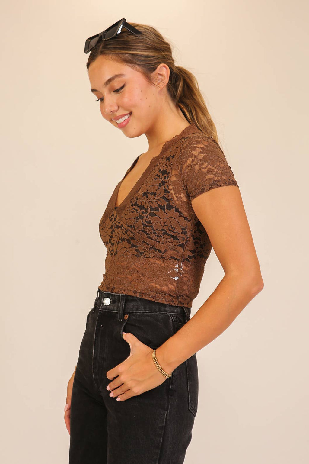 Deep V-Neck Floral Lace Short Sleeve Top