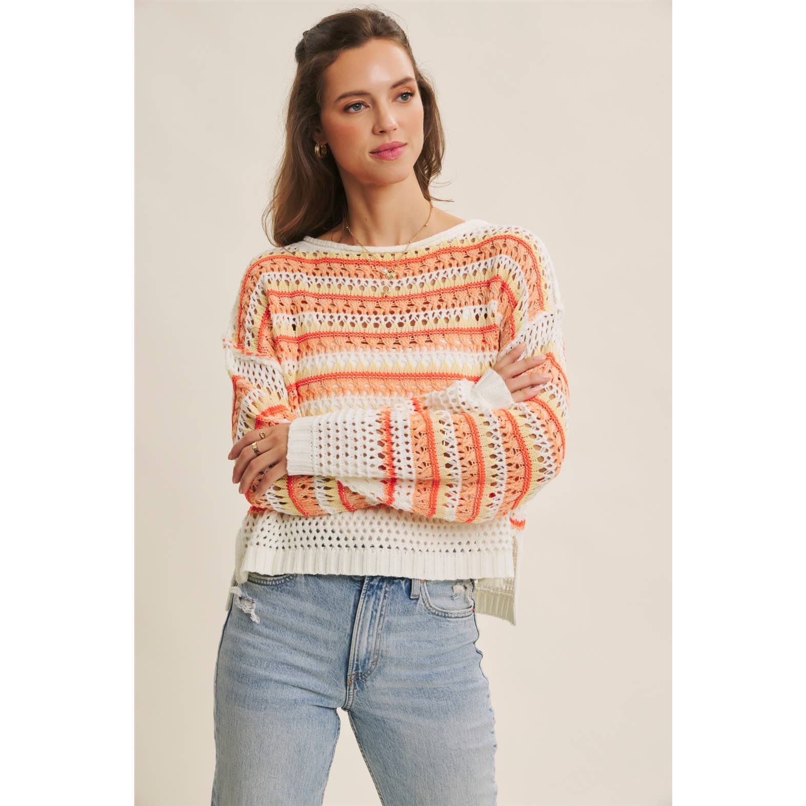 Loose Fit Stripe Crochet Sweater