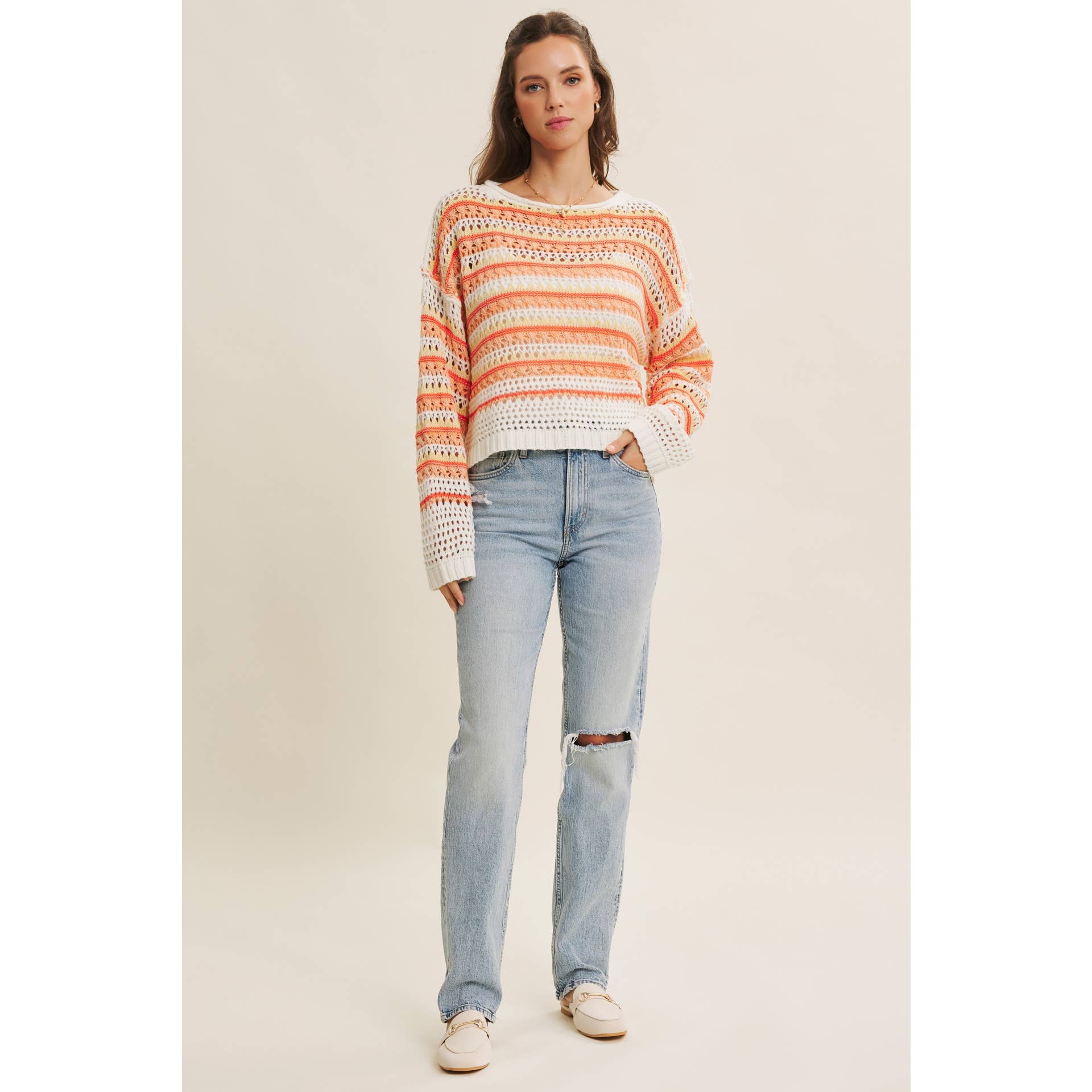 Loose Fit Stripe Crochet Sweater