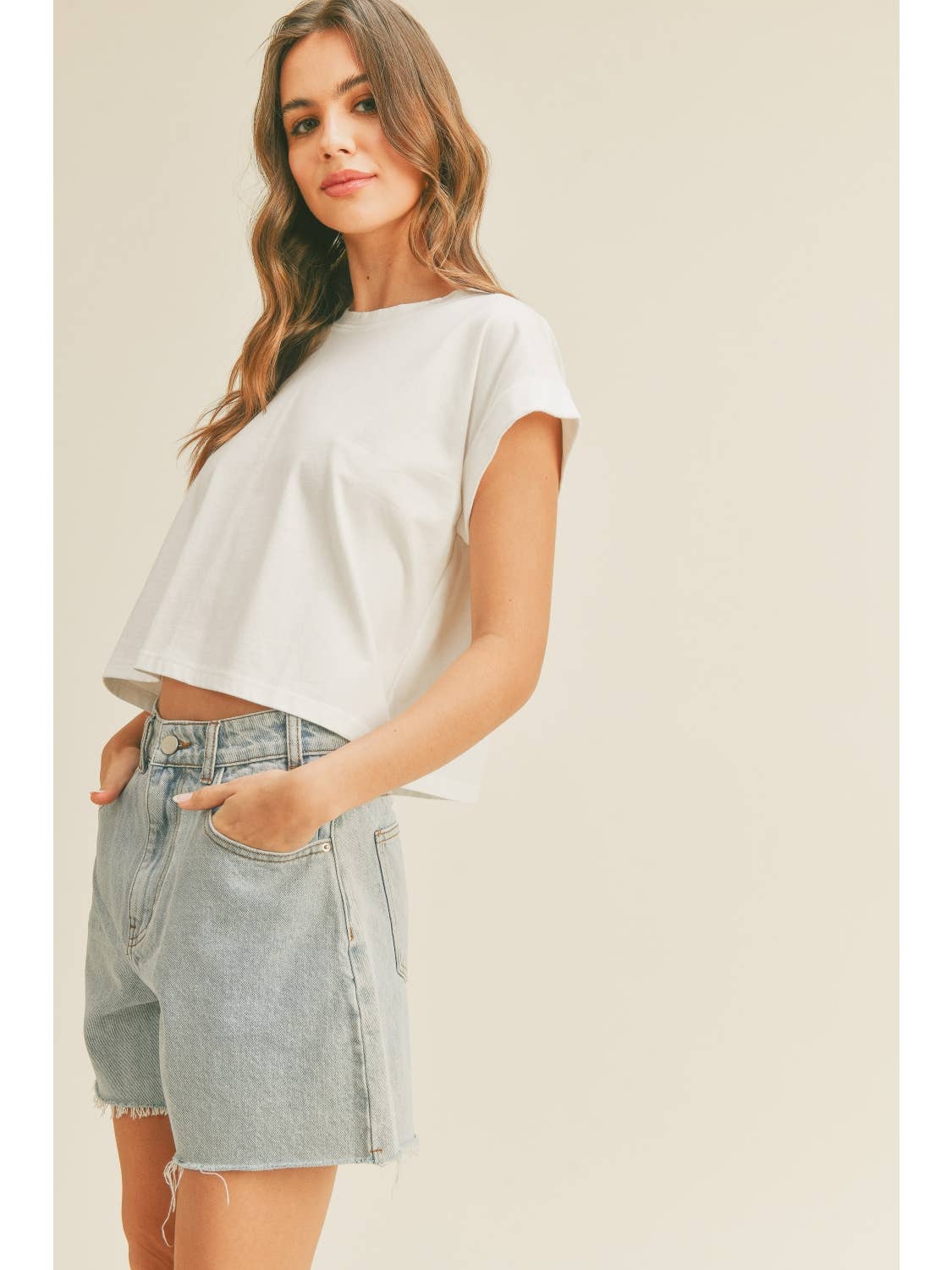 Round Neck Cuffed Sleeve Top