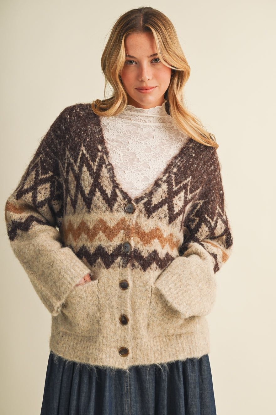 Jacquard Diamond Motif Knit Cardigan