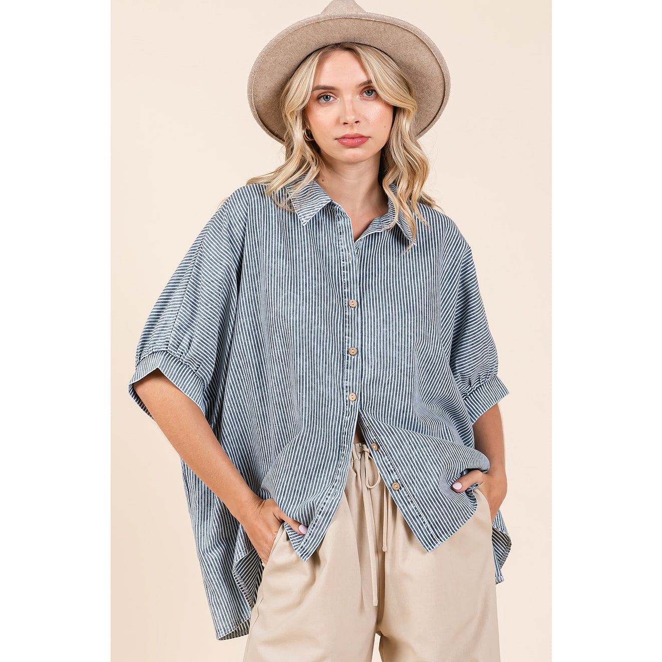 Striped Print Dolman Button Down Shirt