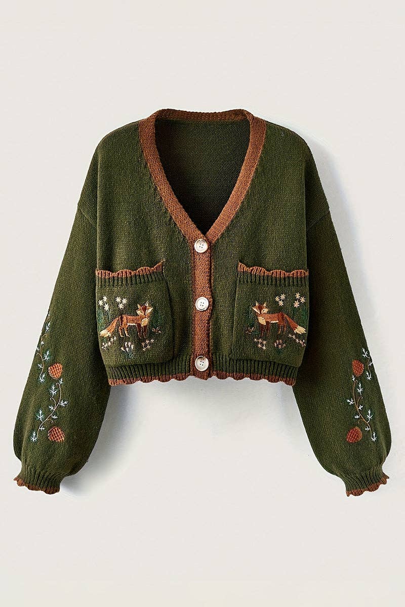 Fox Motif Cropped Cardigan