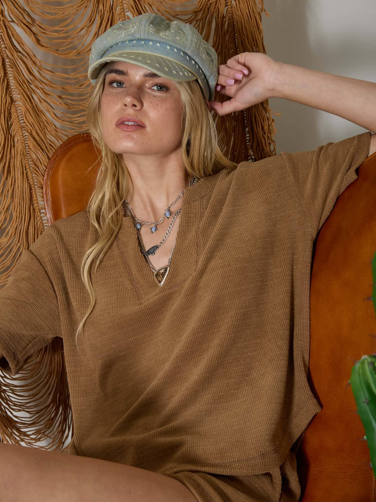 Split Neck Short Sleeve Terry Knit Top