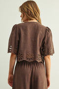 Embroidered Short Sleeve Tie Front Top