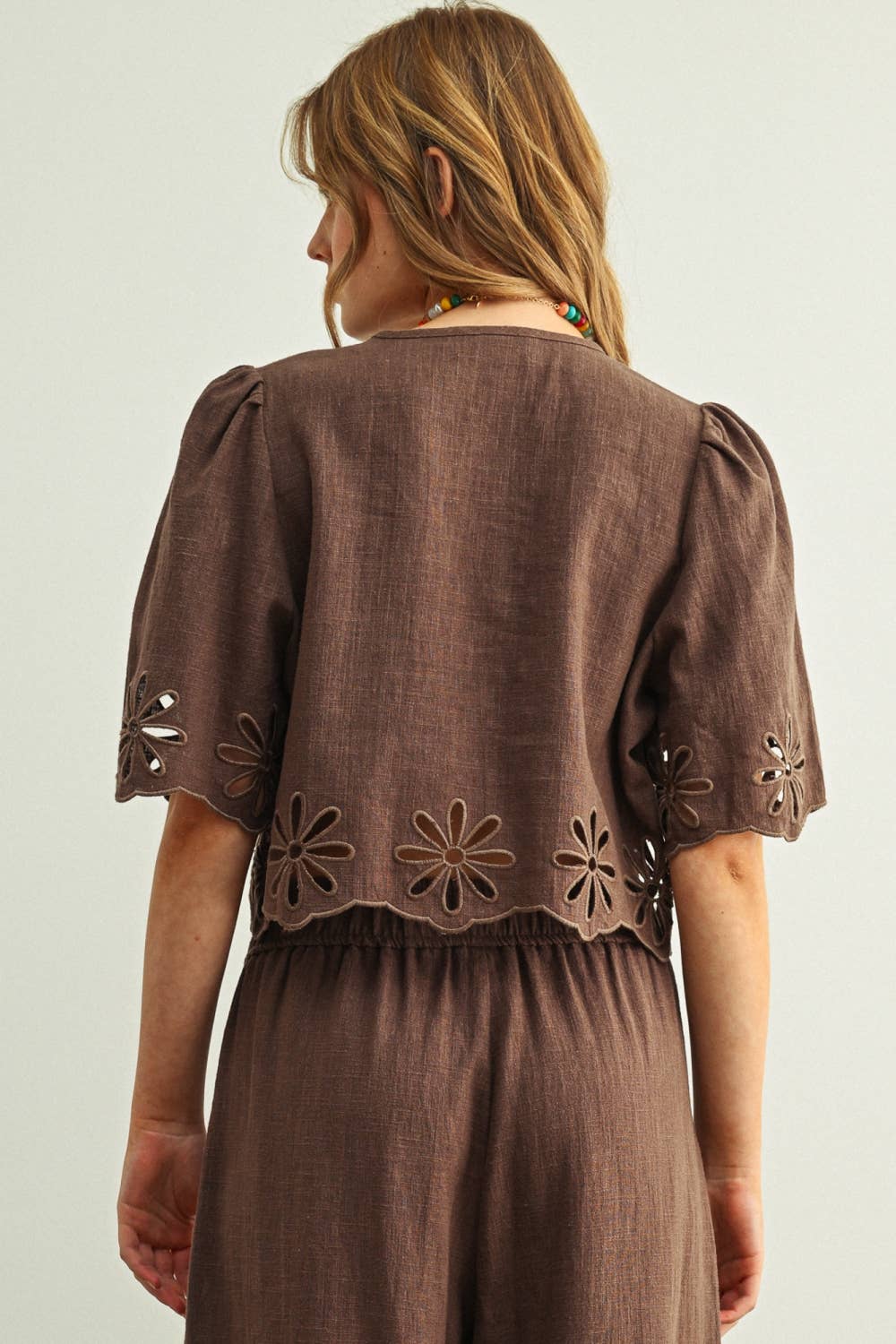 Embroidered Short Sleeve Tie Front Top