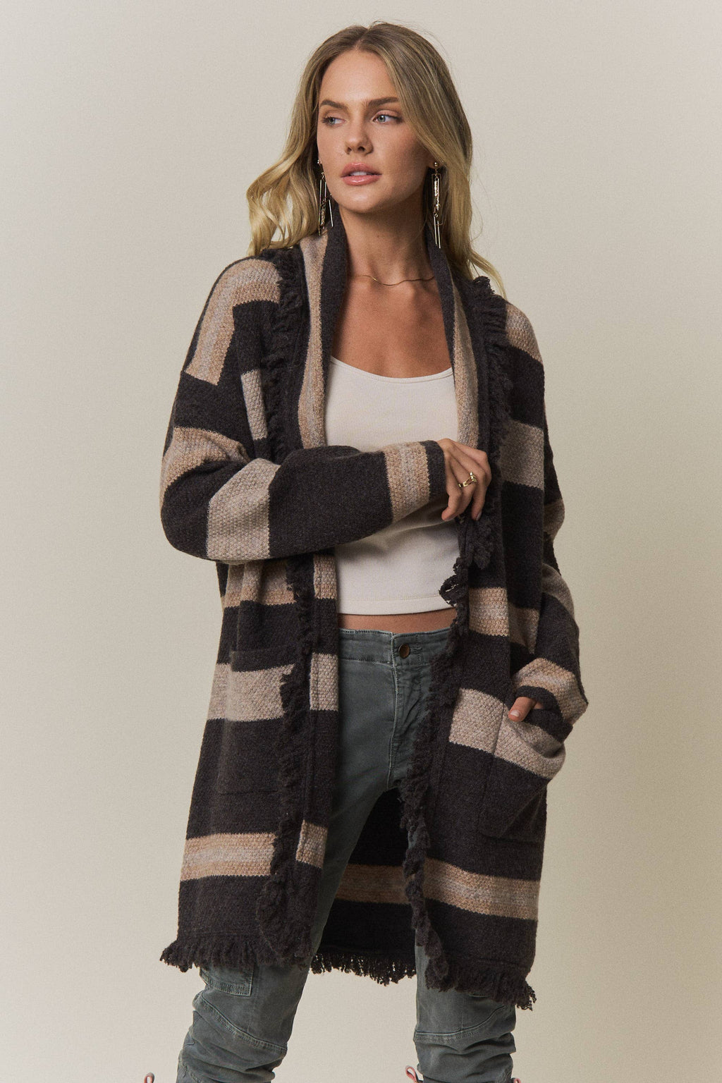 Boho Striped Fringe Long Cardigan