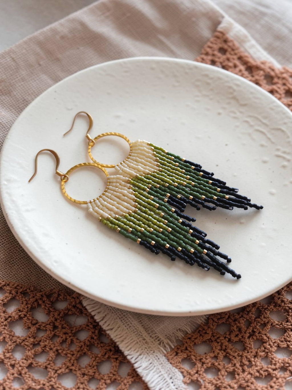 Handwoven Green Fringe Hoop Earrings