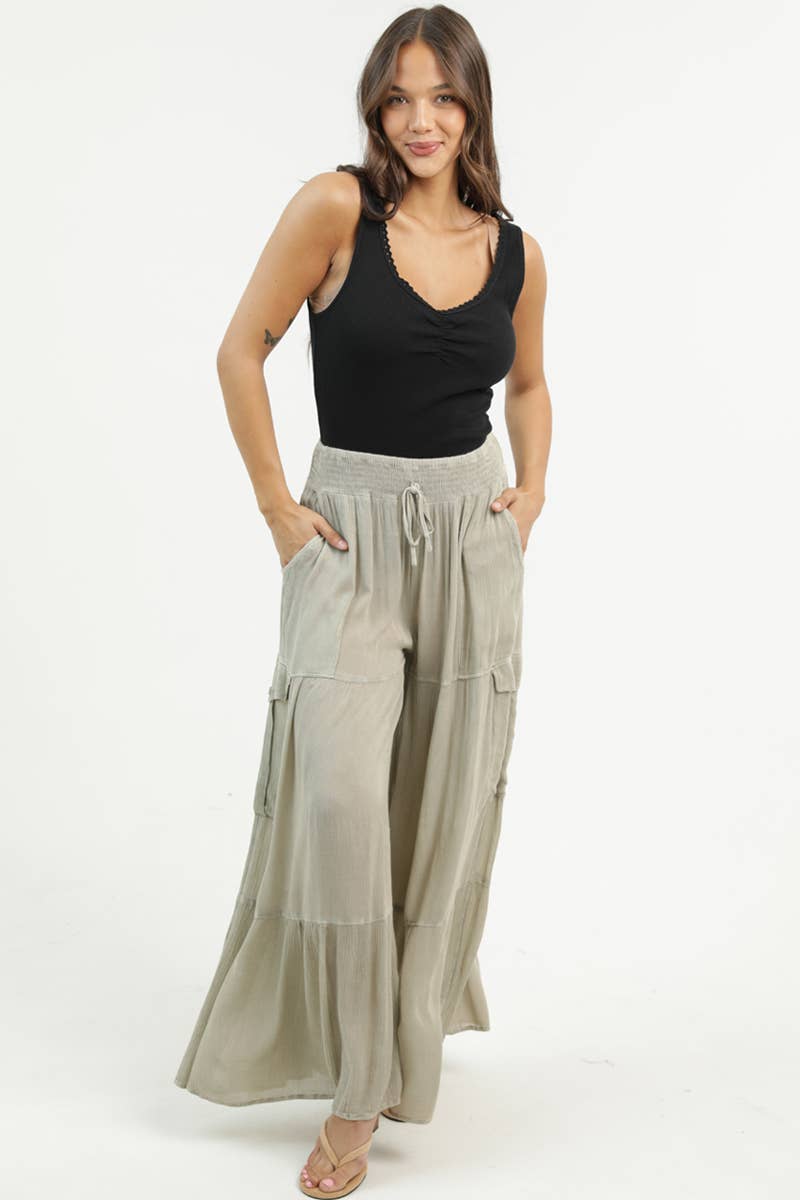 Smocked Waistband Wide Leg Pants With Cargo Pockets