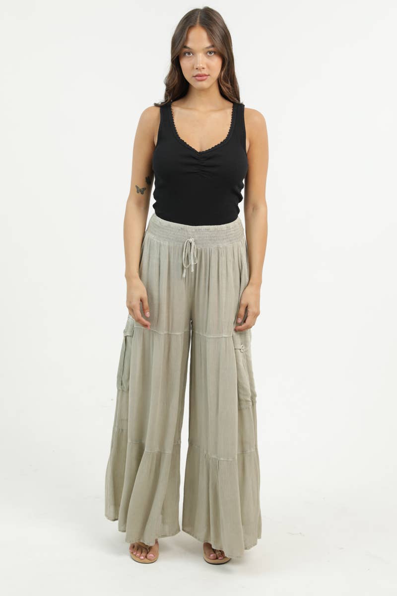 Smocked Waistband Wide Leg Pants With Cargo Pockets