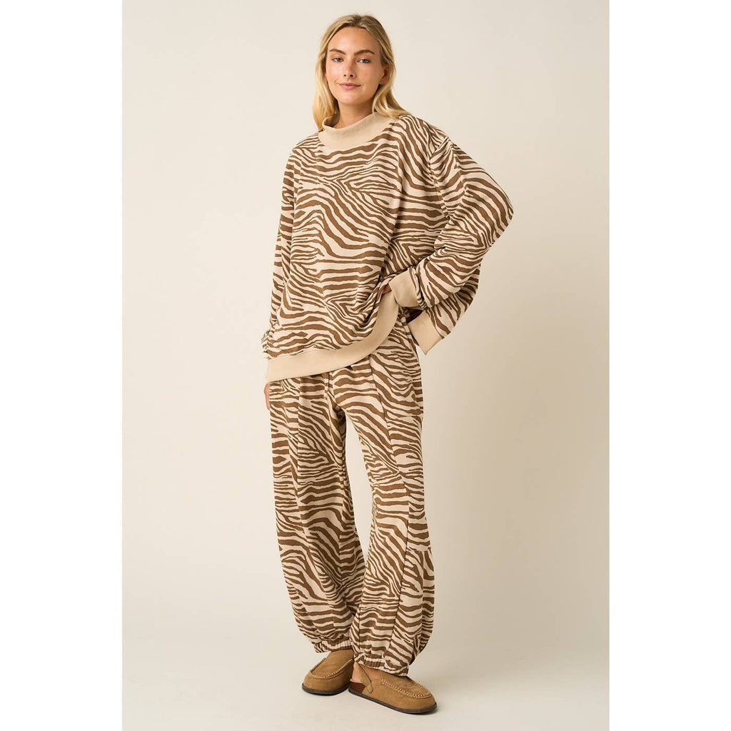 Zebra Print Mock Neck Oversized Sweatshirt