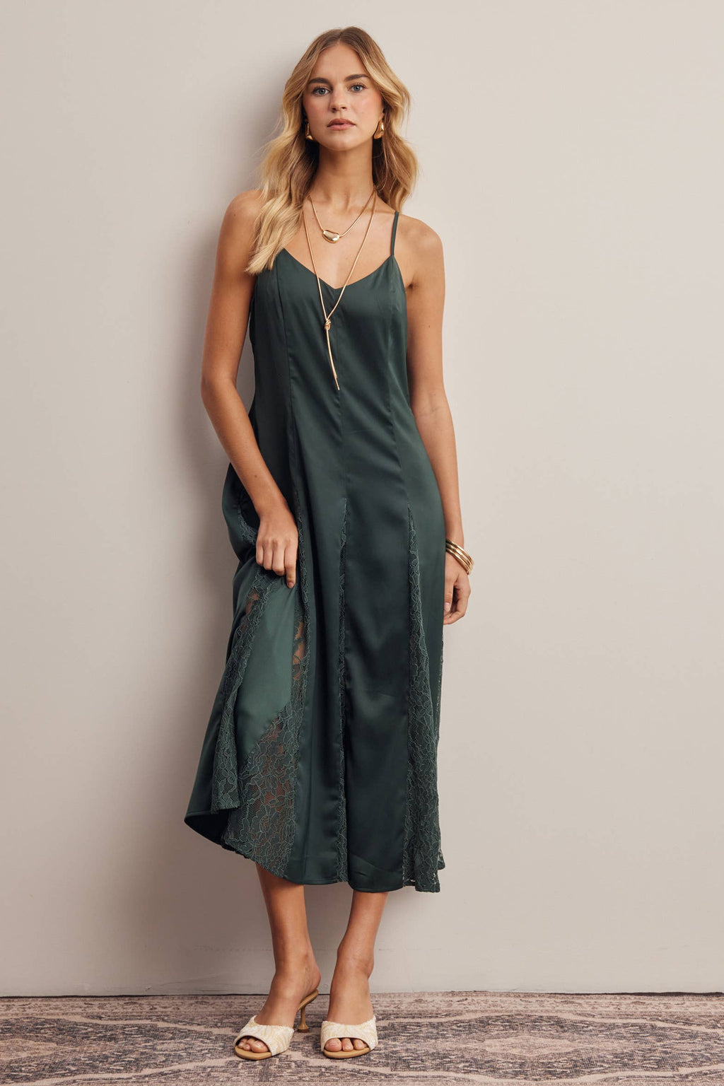 Lace Panel Satin Slip Midi Dress