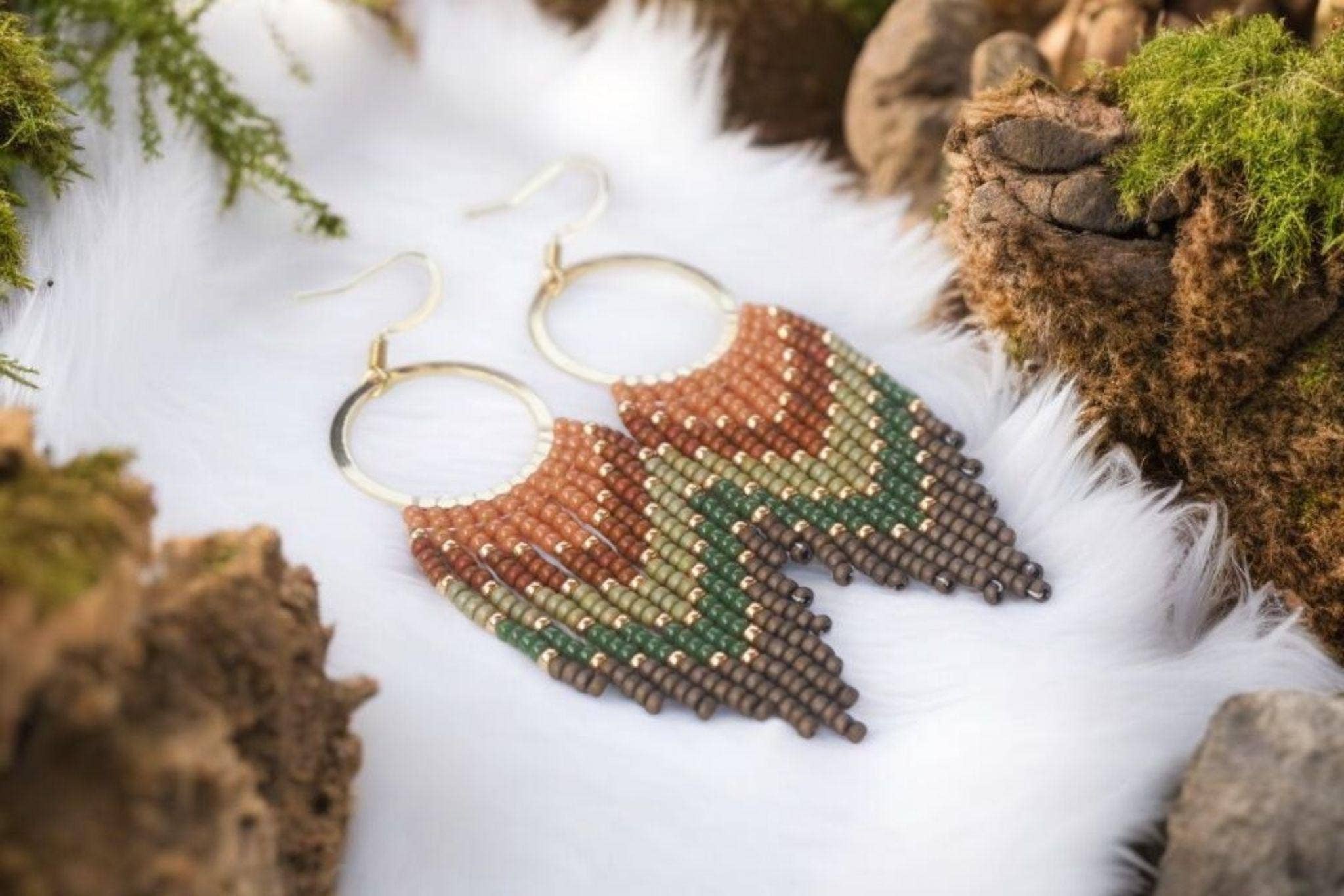 Handwoven Earthy Brown & Green Ombre Fringe Earrings