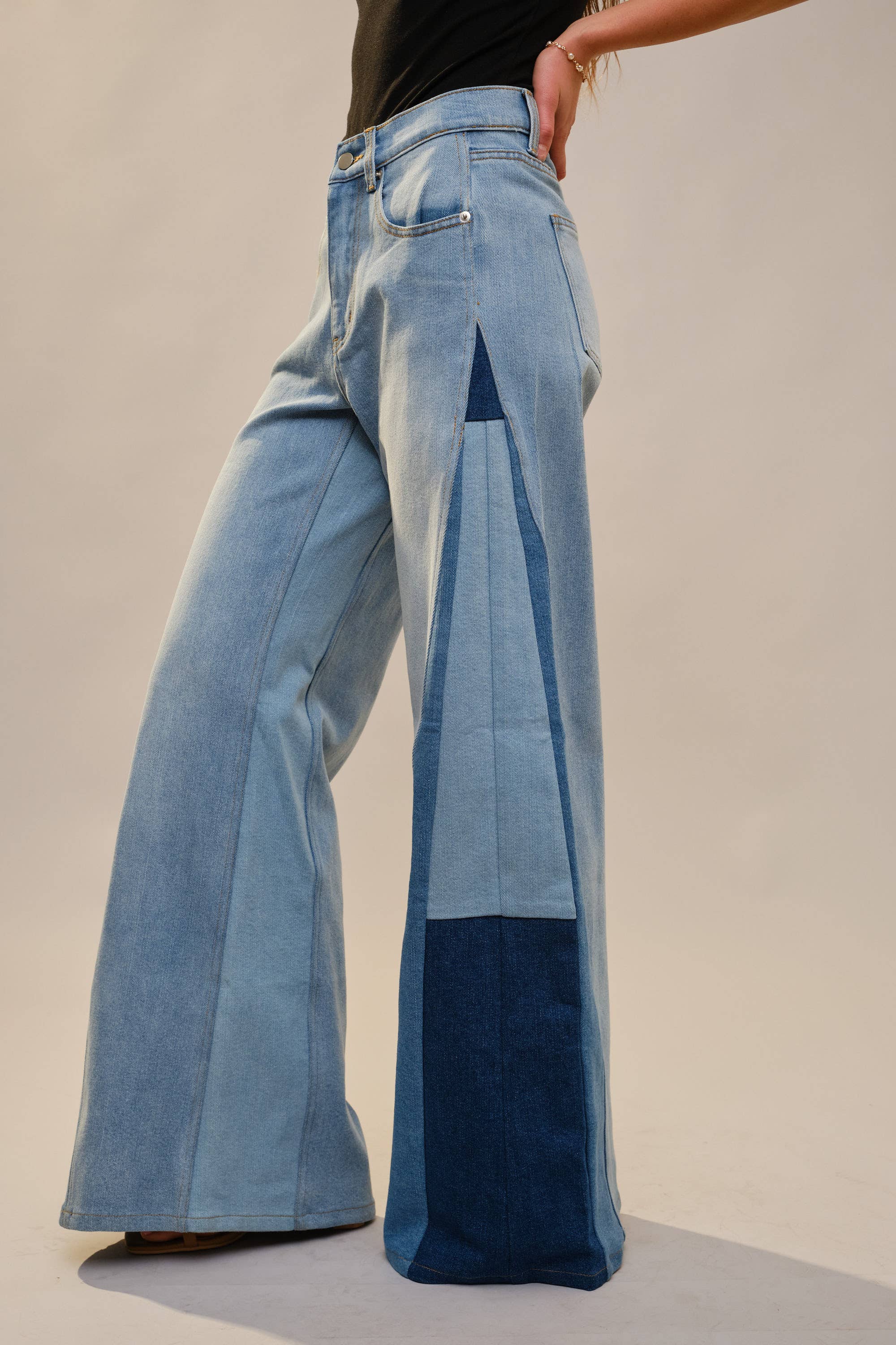 High Rise Super Wide Leg Color Block Jeans