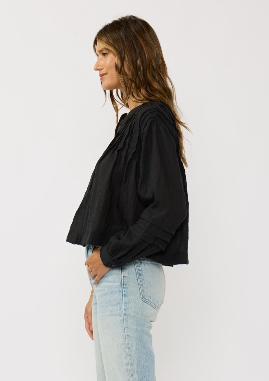 Pintuck Pleated Button-Down Blouse