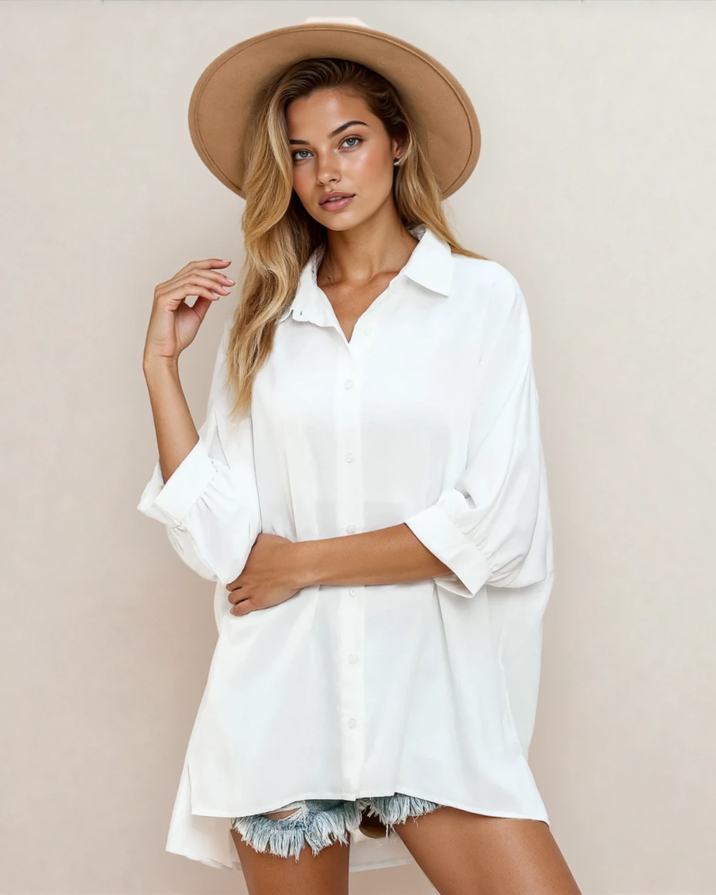 White Oversized Front Button Blouse