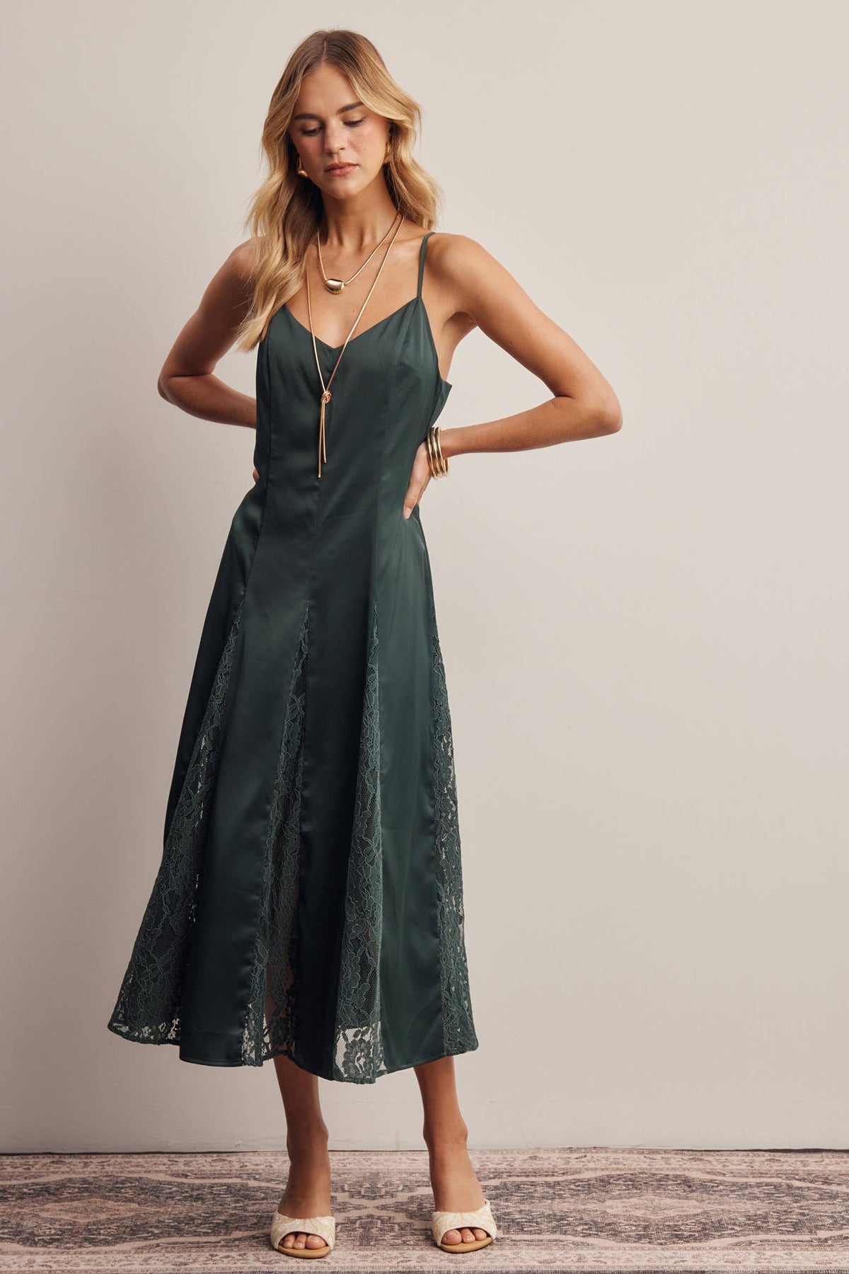 Lace Panel Satin Slip Midi Dress