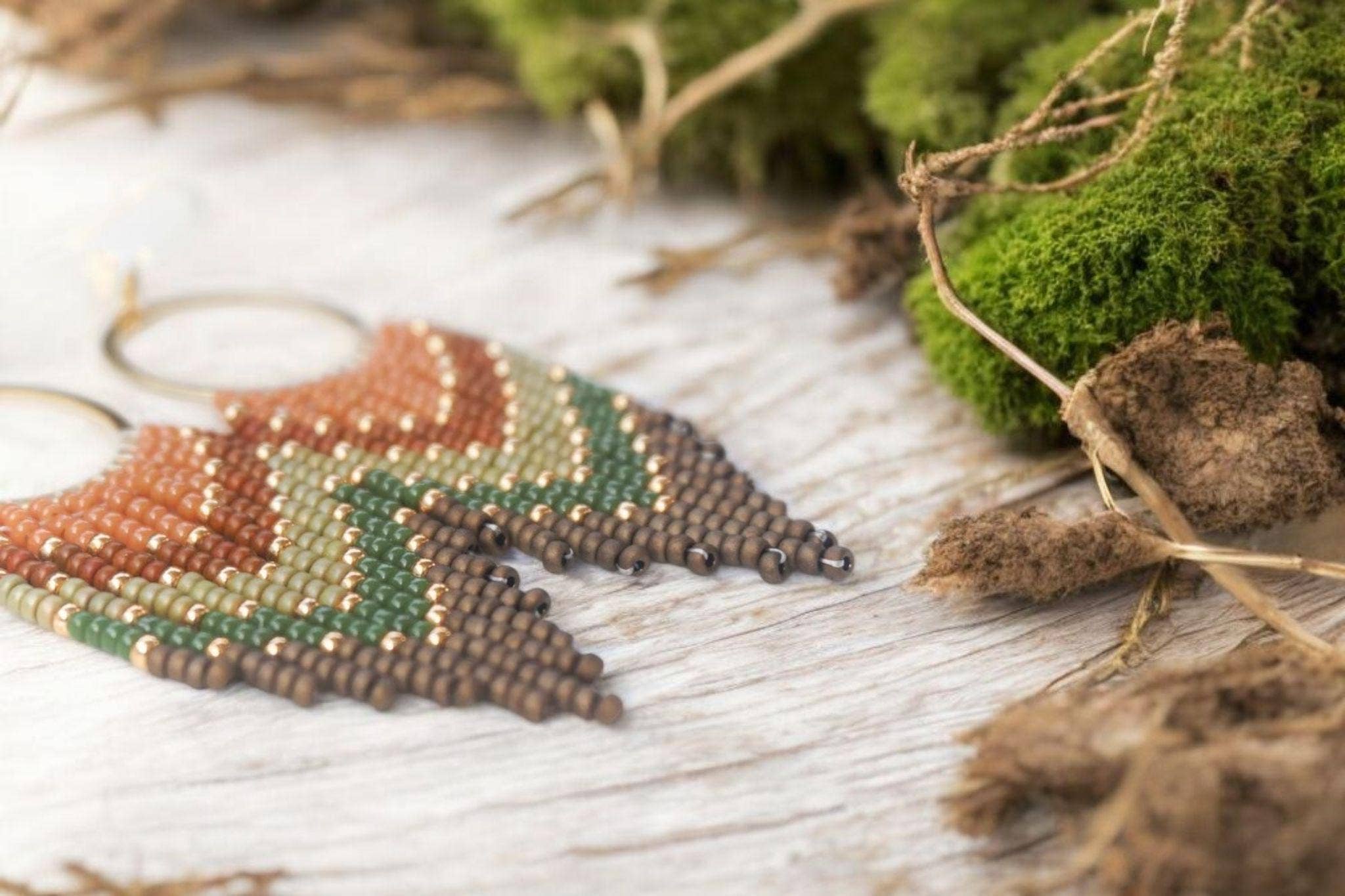Handwoven Earthy Brown & Green Ombre Fringe Earrings